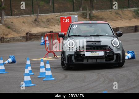 Expérience de conduite d'essai de Mini Cooper avec des membres de la conduite publique à vitesse autour d'un circuit avec bornes Banque D'Images