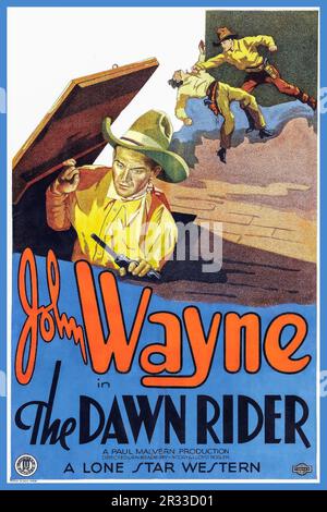 Affiche de film vintage pour le film de 1935 The Dawn Rider. Avec John Wayne. The Dawn Rider est un film américain de 1935 avec John Wayne et réalisé par Robert N. Bradbury. John Wayne comme John Mason Marion Burns comme Alice Gordon, Dennis Moore comme Rudd Gordon, Reed Howes comme Ben McClure Joseph de Grasse comme Dad Mason Yakima Canutt comme propriétaire de saloon Earl Dwire comme Pete (Expressman) Nelson McDowell comme Bates (Undertaker) Banque D'Images