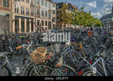 Copenhague, Danemark - 13 septembre 2010 : plein de vélos garés sur la place Hojbro, avec façades historiques et feuillage vert à l'arrière Banque D'Images