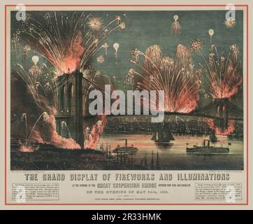 LE PONT DE BROOKLYN LES CÉLÉBRATIONS D'OUVERTURE VINTAGE AFFICHE de LITHOGRAPHIE 1880s le grand étalage de feux d'artifice et d'illuminations: À l'ouverture du grand pont suspendu entre New York et Brooklyn le soir de 24 mai 1883 Banque D'Images