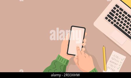 Human tient un smartphone entre ses mains au-dessus d'une table avec un ordinateur portable et un ordinateur portable. Concept de travail de bureau. Conception plate. Illustration vectorielle Illustration de Vecteur