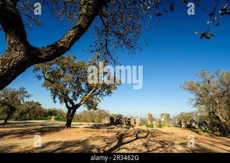 Dos Almendres Cromlech,neolitico antiguo -Alto das Pedras- Talhas, Nossa Senhora de Guadalupe,Valverde, Evora, Portugal, Alentejo, Europa. Banque D'Images