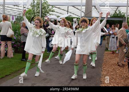 Londres, Royaume-Uni. 22nd mai 2023. Une troupe féminine de danseuses morris, Boss Morris, a joué des danses traditionnelles au Chelsea Flower Show. Credit: Anna Watson/Alay Live News Banque D'Images