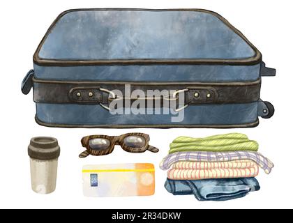 Illustration de la couleur du kit de voyage. Pour la conception de sites Web, les cartes postales, la typographie. Aquarelle numérique. Du voyage de collection DU RATON LAVEUR. Dessin de valise, ticket, lunettes de soleil et vêtements pliés. Illustration de haute qualité Banque D'Images