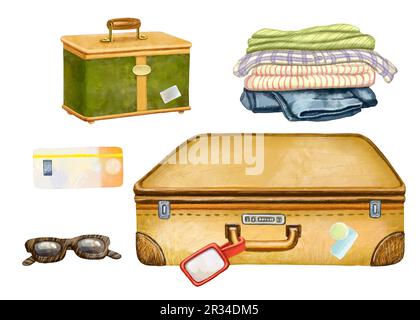 Illustration de la couleur du kit de voyage. Pour la conception de sites Web, les cartes postales, la typographie. Aquarelle numérique. Du voyage de collection DU RATON LAVEUR. Dessin de valise, ticket, lunettes de soleil et vêtements pliés. Illustration de haute qualité Banque D'Images