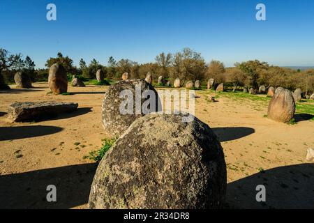 Dos Almendres Cromlech,neolitico antiguo -Alto das Pedras- Talhas, Nossa Senhora de Guadalupe,Valverde, Evora, Portugal, Alentejo, Europa. Banque D'Images