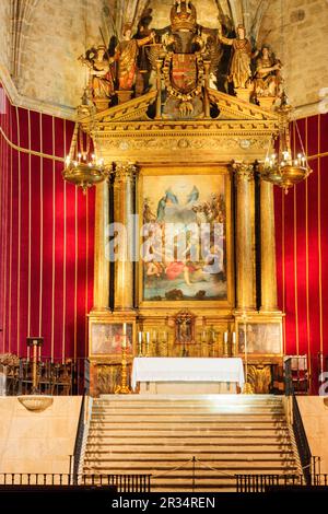 Retablo mayor y pintura la exaltacion de la Trinidad, trasunto de la celebre Gloria de Tiziano , église de una sola nave y de cabecera poligonal, Monasterio de San Jerónimo de Yuste , siglo XV, comarca de de la Vera, Cáceres, Extremadura, Espagne, Europa. Banque D'Images