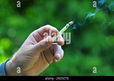 Le fumeur tient une cigarette allumée dans sa main, à l'extérieur de l'espace de bureau Banque D'Images