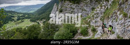 prados de Sanchese desde el ascenso por el barranco de Anaye, alta ruta pirenaica, región de Aquitania, departamento de Pirineos Atlánticos, Francia. Banque D'Images