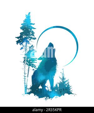 Le loup hurle à la lune graphiques. loup-garou bleu. Tatouage, imprimé t-shirt. Illustration vectorielle Illustration de Vecteur