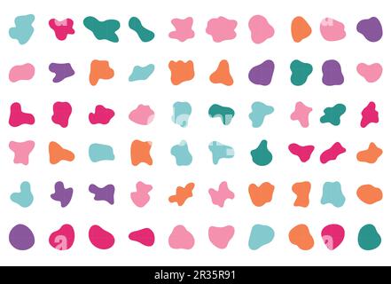 Jeu de gouttes plates aléatoires isolées sur fond blanc. Illustration vectorielle avec des taches dynamiques colorées et lumineuses Illustration de Vecteur