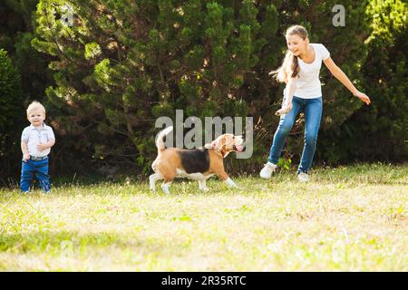 Fille joue avec un chien dans la cour Banque D'Images