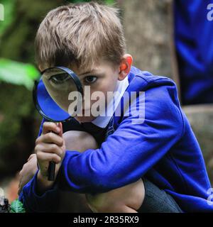 Londres, Royaume-Uni. 22nd mai 2023. Dans le jardin Mary Anning Space to Learn, des élèves de l'école primaire de Charmouth, où le jardin sera relocalisé après le spectacle, explorent le jardin tandis qu'une jeune Mary Anning revisite les rochers pour découvrir des fossiles.Journée de la presse au salon des fleurs RHS Chelsea annuel, présentant des dessins de jardin, des produits, Expositions florales et toutes choses horticoles de 23-27 mai. Credit: Imagetraceur/Alamy Live News Banque D'Images