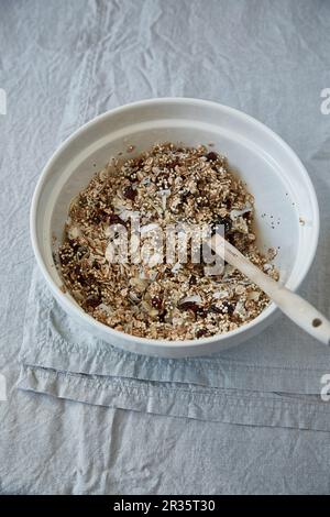 Un bol de muesli à la noix de coco, aux canneberges, à l'avoine, aux amandes et à l'amarante soufflée Banque D'Images