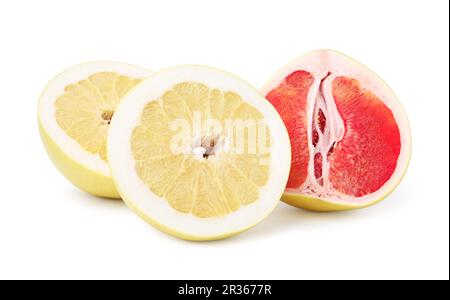 Différentes sortes de savoureux fruits de pomelo isolés sur blanc Banque D'Images