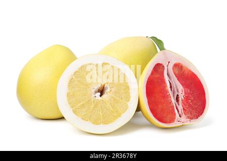 Différentes sortes de savoureux fruits de pomelo isolés sur blanc Banque D'Images