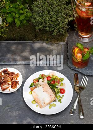 Terrine avec salade de légumes et Pimms pour un pique-nique Banque D'Images