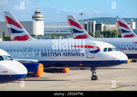 Flotte d'avions garés, aéroport de Palma, Majorque, Iles Baléares, Espagne. Banque D'Images