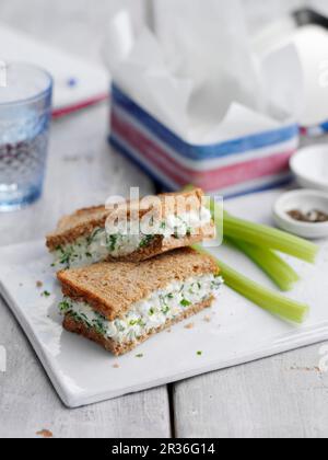 Le fromage cottage et sandwich oignon de printemps Banque D'Images