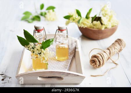 Sirop de sureau maison avec fleurs de sureau fraîches Banque D'Images