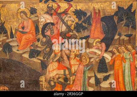 Guerriers et diable, retable de Santa Quiteria, Joan Loert, vers 1300, tempera sur panneau, Hospital de Sant Antoni, Palma, mortier de chaux et charge inerte, Plaza de la Lonja, Palma, Majorque, Iles Baléares, Espagne. Banque D'Images