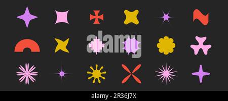 Collection de formes géométriques primitives. Formes abstraites d'étoiles, de fleurs, de coups de soleil en style suisse, bauhaus ou Memphis. Pack d'éléments Brutalist pour affiche, bannière, collage. Ensemble de panneaux vectoriels. Illustration de Vecteur