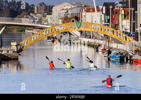 Piraguistas, Puente de Carcavelos dos ,mediados del siglo XX, point de uníón entre la salinas y los antiguos almacenes de sal , canal de San Roque, Aveiro, Beira Litoral, Portugal, Europa. Banque D'Images