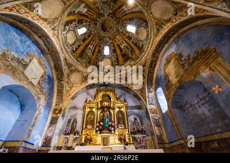 cúpula con los cuatro evangelistas rodeando la escena de la Coronación de la Virgen, iglesia del siglo XVI, santuario de origen romanico de Santa María de la Nuez , municipio de Bárcabo,Sobrarbe, Provincia de Huesca, Comunidad Autónoma de Aragón, Espagne, pirillos cordillera, espagne. Banque D'Images