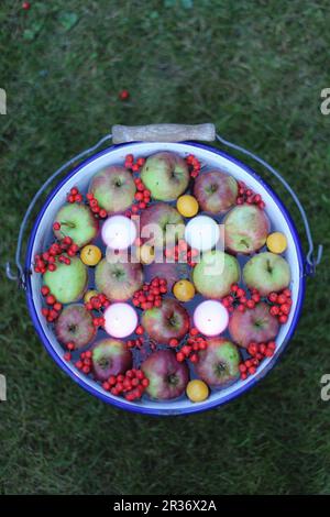 Bougies flottantes, pommes et baies dans un seau d'eau comme décoration d'automne Banque D'Images