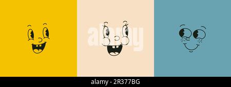 Personnages de dessin animé rétro visages drôles en 30s style mascotte. Vecteur ancienne Illustration partie du visage - yeux, nez et bouches. Caricature comique vintage pour c Illustration de Vecteur