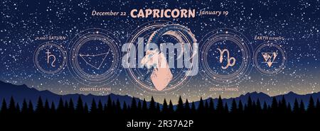 Signe de zodiaque Capricorne, belle bannière d'astrologie moderne sur fond de paysage de nuit, fond de vecteur horoscope. Dessin à la main réaliste, esthétique Illustration de Vecteur