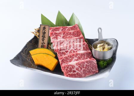 Tokujoh Karubi côte désossée - avant, partie inférieure de la côte, pour barbecue japonais ou barbecue coréen。Translate：“黃油蒜香小排”signifiant est nom de plat。 Banque D'Images