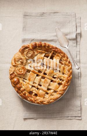 Tarte aux pommes décorée d'un treillis de pâte et de fleurs de pâte (vue de dessus) Banque D'Images