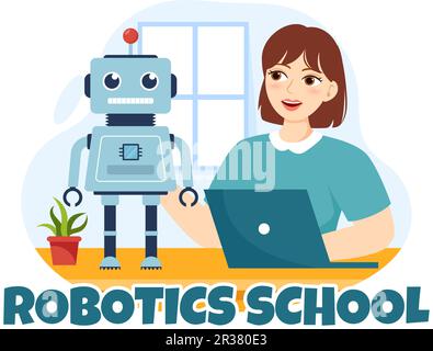 Robotics School Illustration vectorielle avec projet robotique jeunesse pour la programmation et l'ingénierie robot dans des modèles de page de renvoi dessinés à la main de dessin de dessin animé Illustration de Vecteur