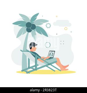 CCTV. Illustration vectorielle d'un homme assis sur une chaise longue sous un palmier avec une noix de coco sur la plage, tenant un ordinateur portable dans les mains Illustration de Vecteur