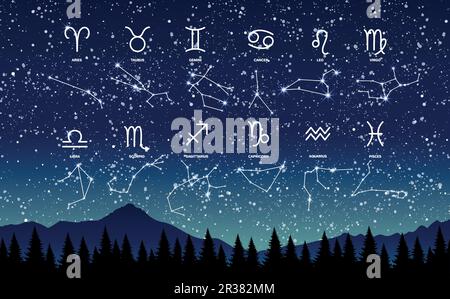 12 constellations de signes du zodiaque sur le ciel nocturne, bannière d'astrologie moderne, modèle mystique avec des symboles d'horoscope pour calendrier, app, print. Vecteur Illustration de Vecteur