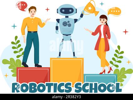 Robotics School Illustration vectorielle avec projet robotique jeunesse pour la programmation et l'ingénierie robot dans des modèles de page de renvoi dessinés à la main de dessin de dessin animé Illustration de Vecteur