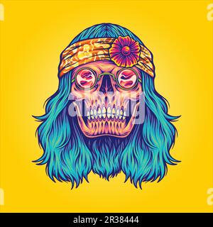 Hippie crâne rétro bohemian long cheveux illustrations vectorielles pour votre travail logo, t-shirt, autocollants et dessins d'étiquettes, poster Illustration de Vecteur