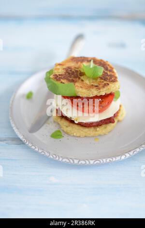 Mini-hamburger avec mozzarella et tomate Banque D'Images