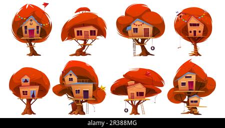 Maison en bois d'automne avec dessin animé vectoriel en échelle. Maison de jeu en bois pour enfants isolée sur fond blanc. Maison de jeu de village d'enfants ou abri automne dessin clipart Illustration de Vecteur