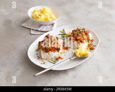 Filets de morue avec purée de céleri et de pommes de terre Banque D'Images