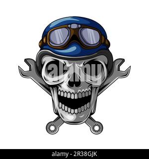 Illustration du personnage de la mascotte du crâne humain de motard portant un casque Illustration de Vecteur