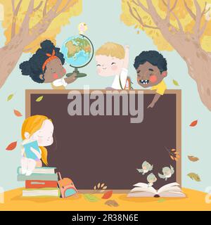 Caricature enfants tenant des sacs d'école et Globe apprendre, lire un livre ou un manuel, assis à côté de la classe Blackboard Illustration de Vecteur