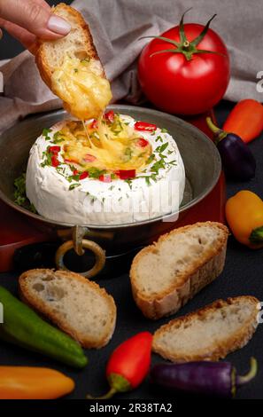 Femme trempant à la main une tranche de pain à l'intérieur du fromage Camembert fondu, assaisonné d'herbes et de poivrons Banque D'Images