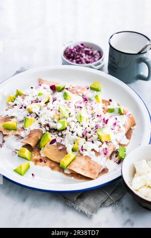 Enfrijoladas: Tortillas trempés dans une sauce aux haricots, remplis de fromage frais (queso fresco) et nappés de crème, d'oignons, de fromage et d'avocat Banque D'Images