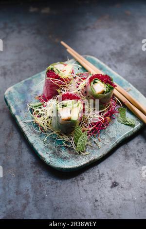 Rouleaux de papier de riz remplis d'escalope de poulet, de nouilles de riz aux betteraves, de laitue, d'avocat, de coriandre et de menthe Banque D'Images