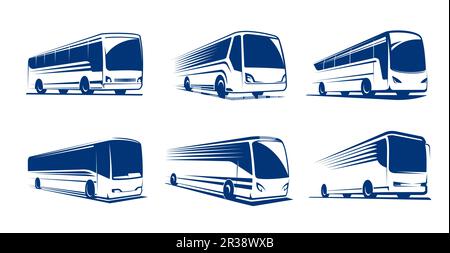 Icônes de bus de voyage, transports en commun ou service de transport en commun, emblèmes de vecteur. Icône de bus touristique ou de voyage passager pour, gare routière ou transfert express ou navette aéroport Illustration de Vecteur