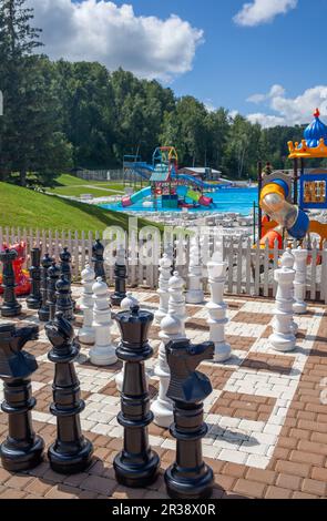 Gros plan sur les grandes pièces et le plateau d'échecs géant des échecs de rue dans le parc Banque D'Images