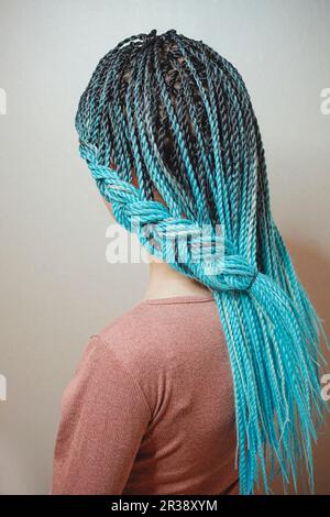 Les tresses les tresses sénégalaises sont entrelacées avec les cheveux de la fille, les tresses bleues, les cheveux dans le style africain Banque D'Images