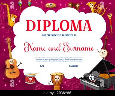 Diplôme pour enfants. Dessin animé instrument de musique personnages vecteur cadre de fond de l'école de musique certificat de diplôme. Prix d'éducation préscolaire ou maternelle avec de mignons personnages de guitare, piano et tambour Illustration de Vecteur